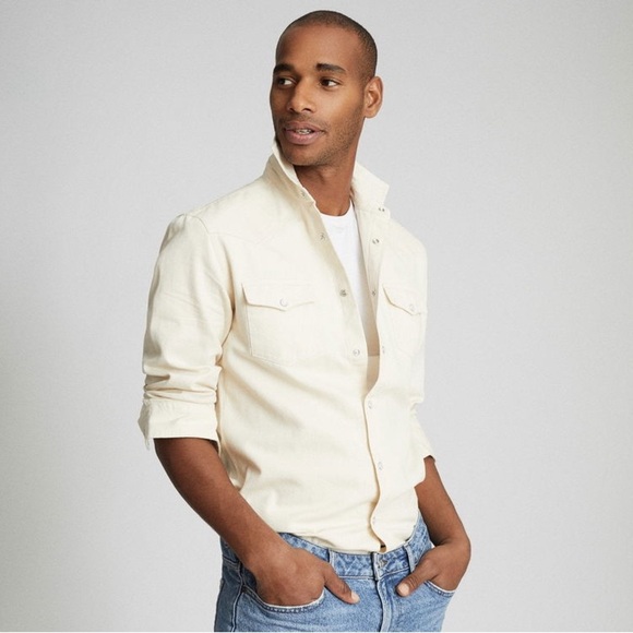 Reiss Bairstow Western Twin Pocket Overshirt Size Small Cream Snap Button Cotton - Picture 7 of 7